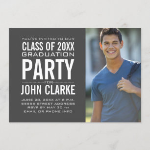 Invitation Moderne masculin Grad Fête de Graduation Grey