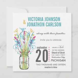 Invitation Moderne Mason Jar Aqua Lime jaune rose Floral