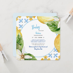 Invitation Moderne Méditerranée Bleu & Citrons Baby shower In