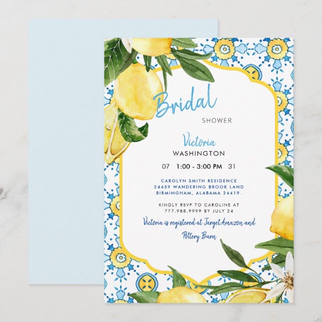 Invitation Moderne Méditerranéen Bleu & Citrons II Mariage  (Devant / Derrière)