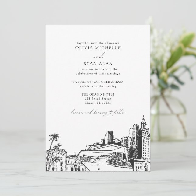 Invitation Moderne Miami Skyline Mariage noir et blanc (Debout devant)