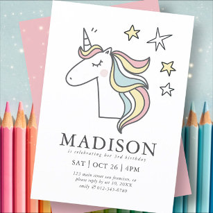 Invitation Moderne mignon Doodle Unicorn Stars Anniversaire