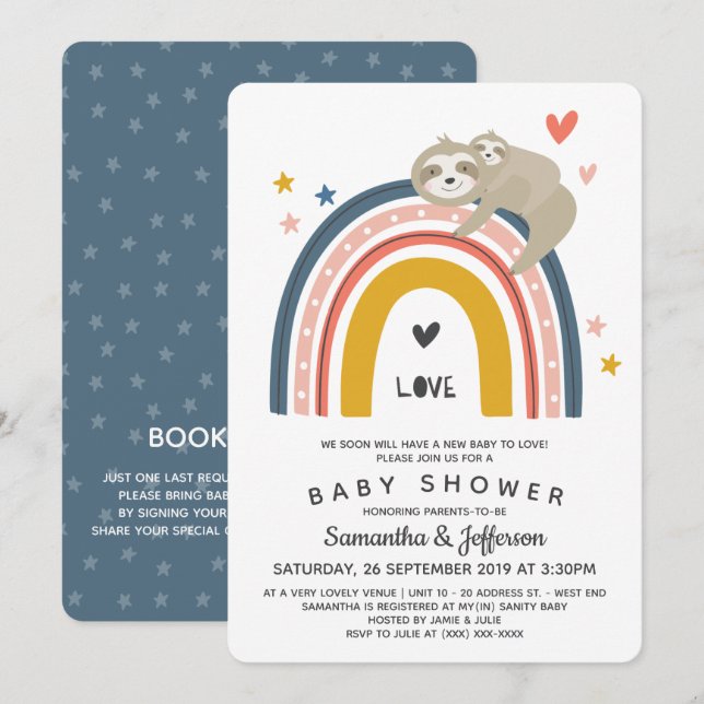 Invitation Moderne mignonne maman bébé Sloth Rainbow Baby sho (Devant / Derrière)