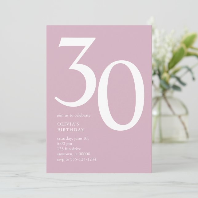 Invitation Moderne minimal 30e anniversaire de fête rose (Debout devant)