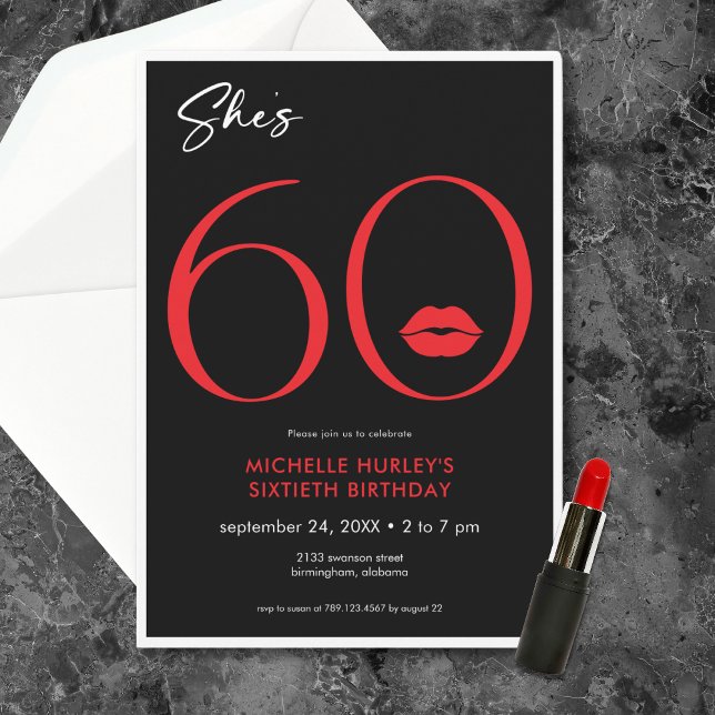 Invitation Moderne minimal lèvres rouges Elle a soixante ans (Modern Minimal Red Lips She's Sixty Birthday Invitation)