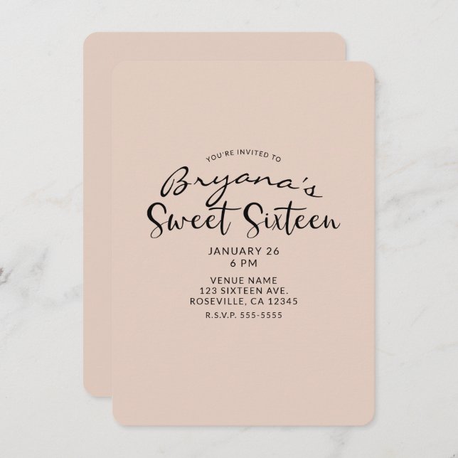 Invitation Moderne Minimal N'Importe Quelle Couleur Douce 16  (Devant / Derrière)