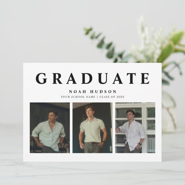 Invitation Moderne minimal noir & blanc 3 photo graduation (Debout devant)
