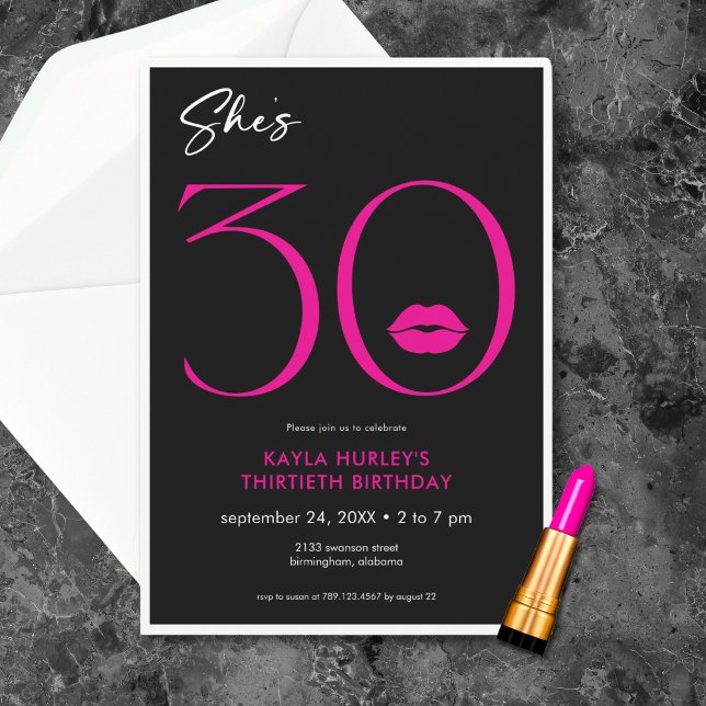 Invitation Moderne minimal rose lèvres Elle a trente ans (Modern Minimal Pink Lips She's Thirty Birthday Invitation)