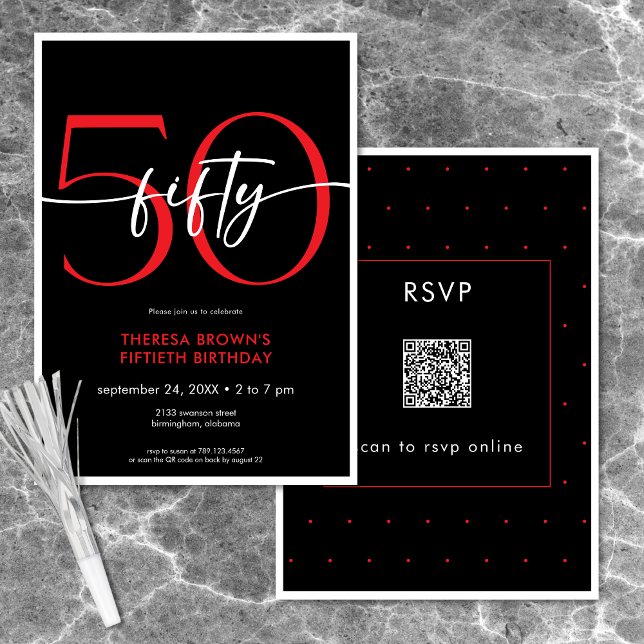 Invitation Moderne Minimal Rouge Cinquante Script Anniversair (Modern Minimal Red Fifty Script Birthday QR Invitation)