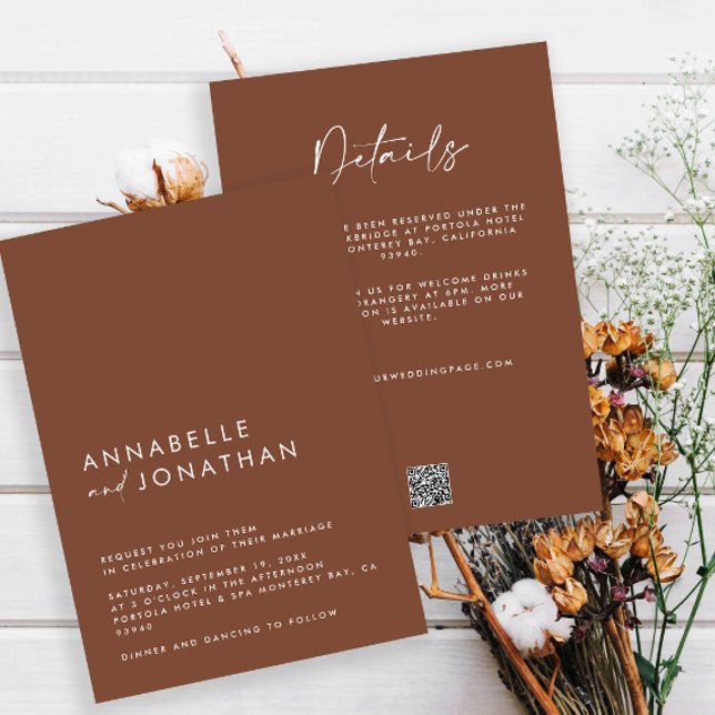 Invitation Moderne Minimal simple brun Détails Mariage QRCode (Créateur téléchargé)