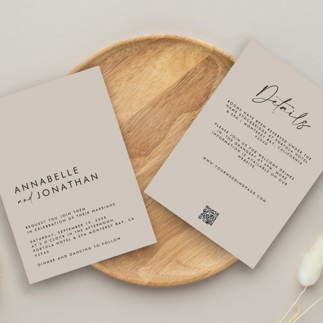 Invitation Moderne Minimal simple gris Détails Mariage QR Cod (Créateur téléchargé)