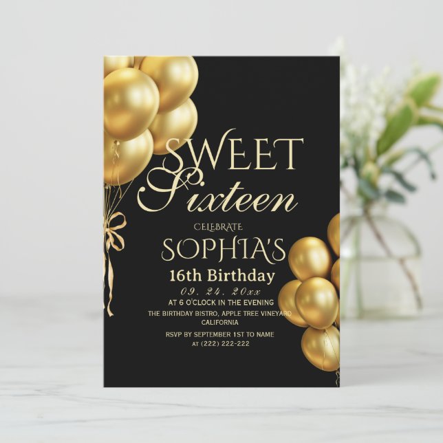 Invitation Moderne & Minimalisme Anniversaire 16 ans Noir Or (Debout devant)