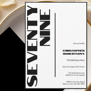 Invitation Moderne Minimaliste 79e Anniversaire Noir et Blanc