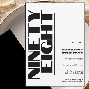 Invitation Moderne Minimaliste 98e Anniversaire Noir et Blanc
