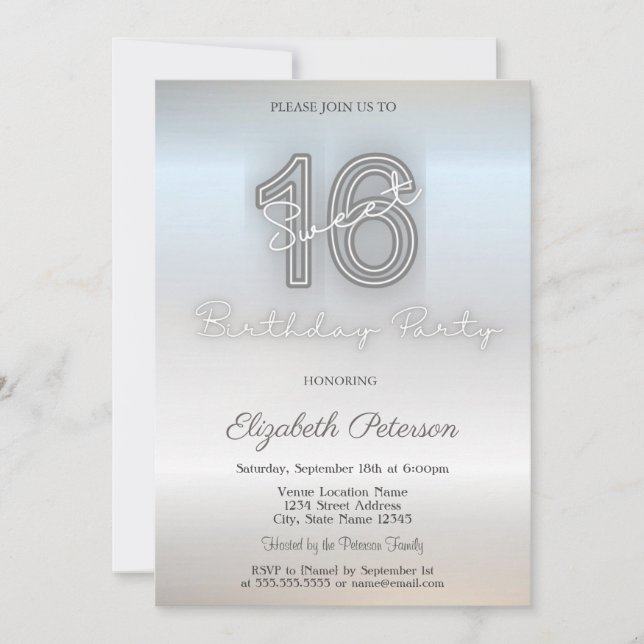 Invitation Moderne Minimaliste Argent Sweet 16 (Devant)