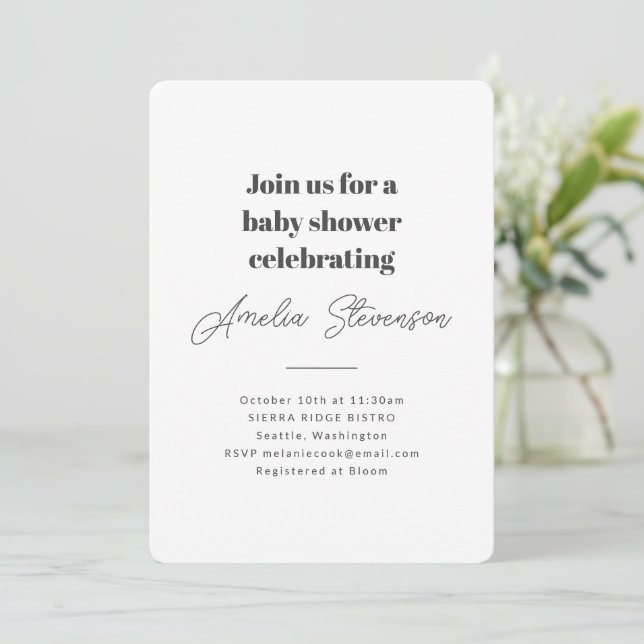 Invitation Moderne minimaliste Baby shower simple blanc (Debout devant)