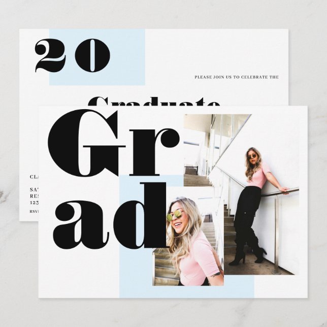 Invitation Moderne minimaliste bleu 2 photos graduation (Devant / Derrière)