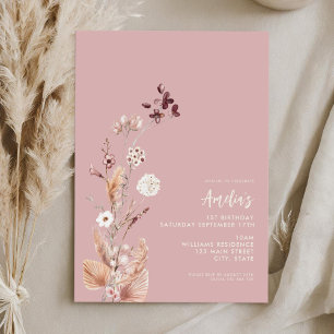Invitation Moderne minimaliste Boho Fleur sauvage 1er anniver