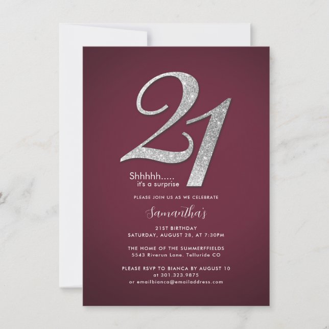 Invitation Moderne minimaliste Bourgogne Surprise 21e anniver (Devant)