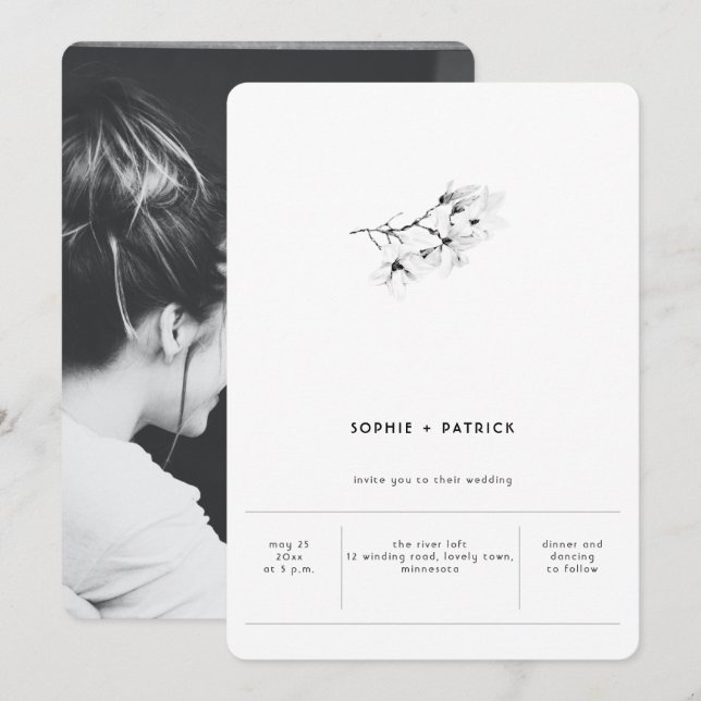 Invitation Moderne minimaliste Élégant Magnolias Mariage phot (Devant / Derrière)