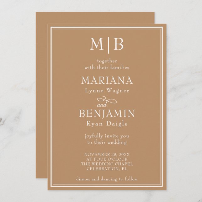 Invitation Moderne minimaliste Mariage Tan Beige (Devant / Derrière)