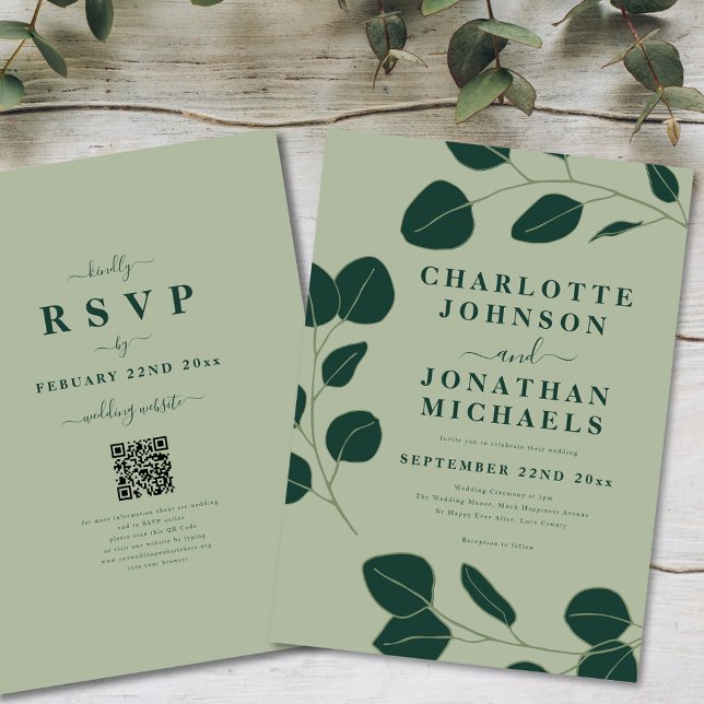 Invitation Moderne minimaliste Mariage vert de la feuille (Modern minimalist eucalyptus leaf elegant wedding invitation ideal for an outdoor forest wedding)