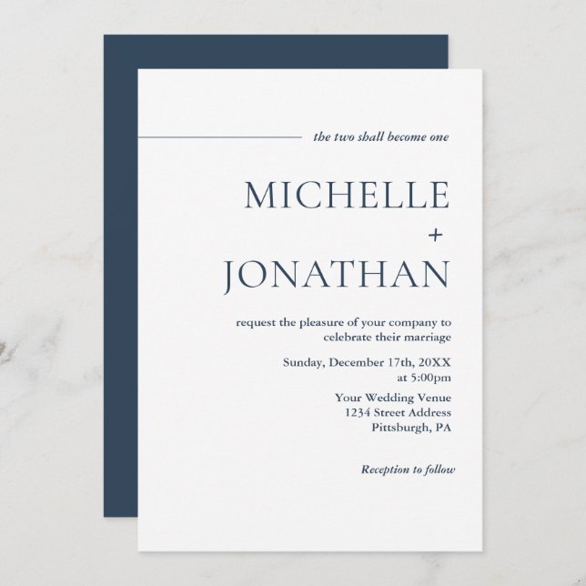 Invitation Moderne minimaliste Marine Bleu Texte Mariage chré (Devant / Derrière)