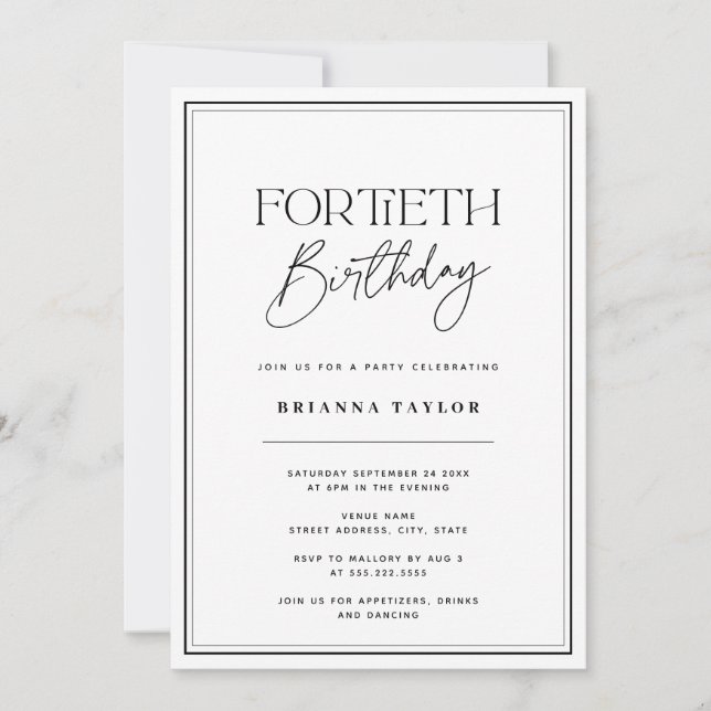 Invitation Moderne minimaliste noir & blanc 40e anniversaire (Devant)