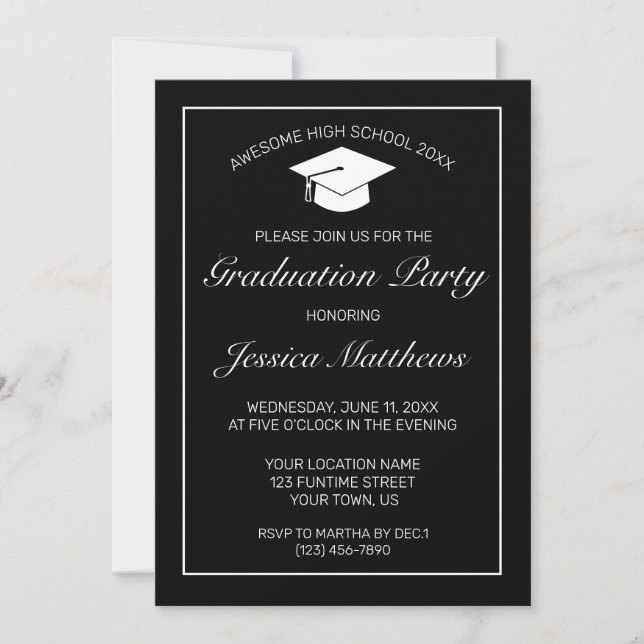 Invitation Moderne minimaliste noir blanc Graduation (Devant)