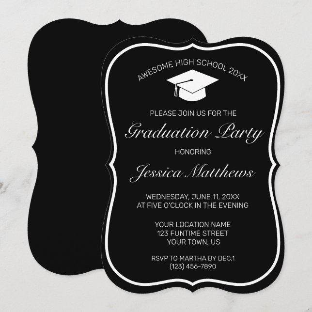 Invitation Moderne minimaliste noir blanc Graduation (Devant / Derrière)