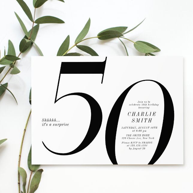 Invitation Moderne minimaliste noir et blanc 50e anniversaire (Modern minimalist black and white 50th birthday invitation)