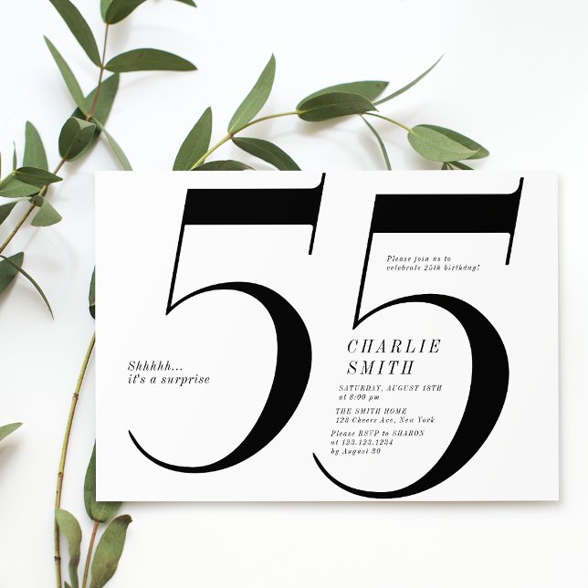 Invitation Moderne minimaliste noir et blanc 55e anniversaire (Modern minimalist black and white 55th birthday invitation)
