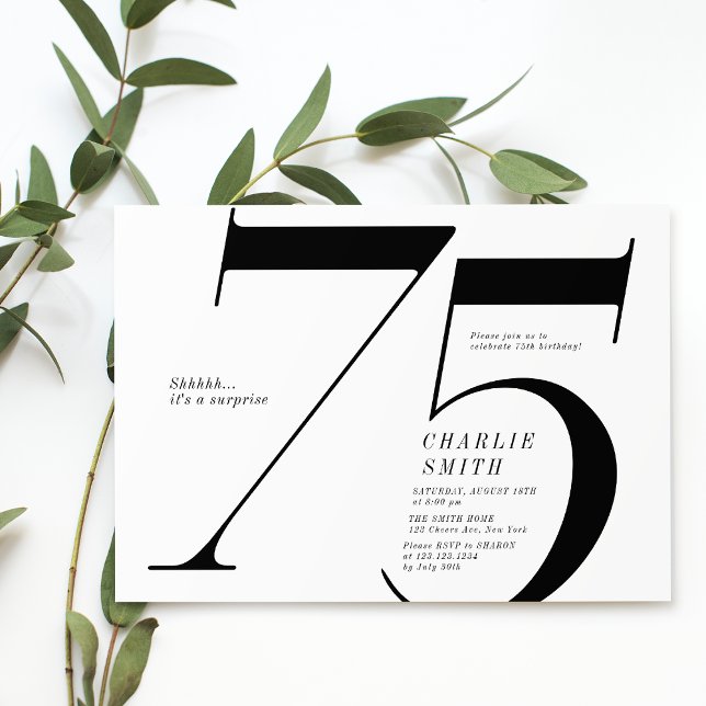 Invitation Moderne minimaliste noir et blanc 75e anniversaire (Modern minimalist black and white 75th birthday invitation)