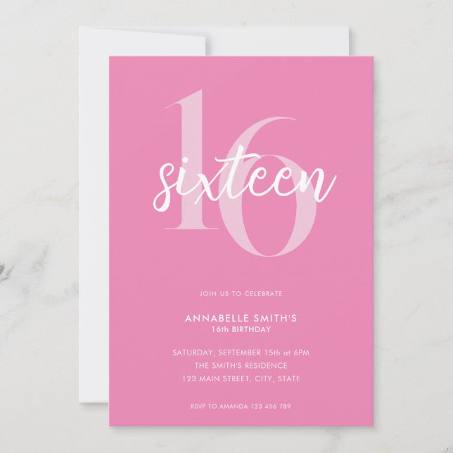 Invitation Moderne minimaliste rose 16e anniversaire (Devant)