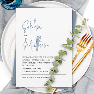 Invitation Moderne Minimaliste Script Bleu Poussiéreux Mari
