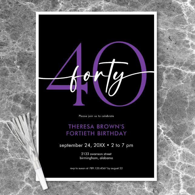 Invitation Moderne Minimaliste Violet Quarantième Anniversair (Modern Minimal Purple Forty Script Birthday Invitation)