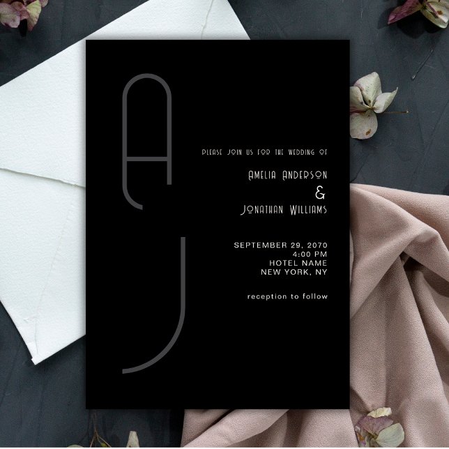 Invitation Moderne Monogramme Mat Mat Minimal Mariage Noir Bl (Créateur téléchargé)