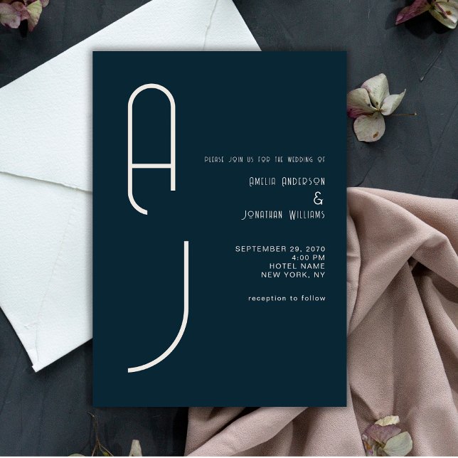 Invitation Moderne Monogramme Mat Matrimonial Bleu Nuit (Créateur téléchargé)