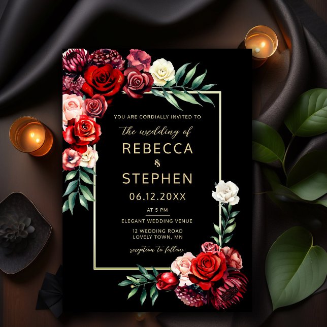 Invitation Moderne Moody Roses Rouge foncé Mariage noir (Créateur téléchargé)