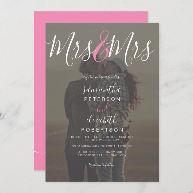 Invitation Moderne mrs script rose photo lesbienne mariage (Devant / Derrière)