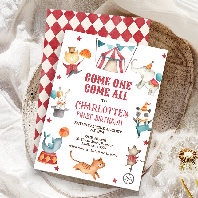 Invitation Moderne n n'importe quel genre Red Circus 1er anni (Red Circus Themed Birthday Invitation, Circus 1st Birthday Invite, Modern, Circus Tent, Come One)
