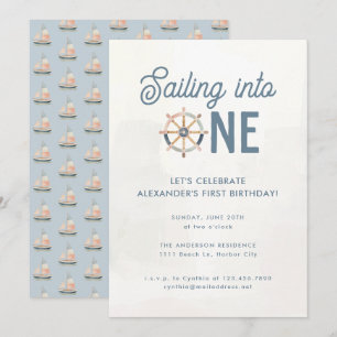 Invitation Moderne Nautique Bleu Pastel Enfants 1er anniversa