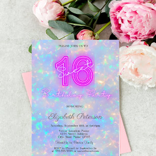 Invitation Moderne Néon Iridescent Holographique Sweet 16