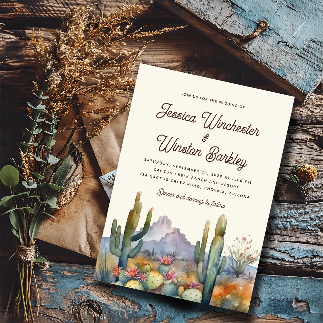 Invitation Moderne Neutral Desert Cactus Mariage paysage (Créateur téléchargé)