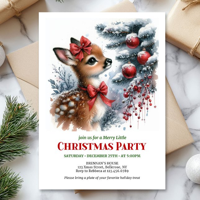 Invitation Moderne Noël forêt enneigée cerf aquarelle  (Modern watercolor deer snowy forest Christmas invitation

)