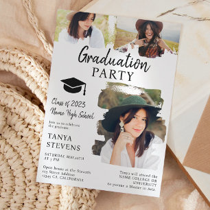 Invitation Moderne noir blanc brosse 3 photos graduation
