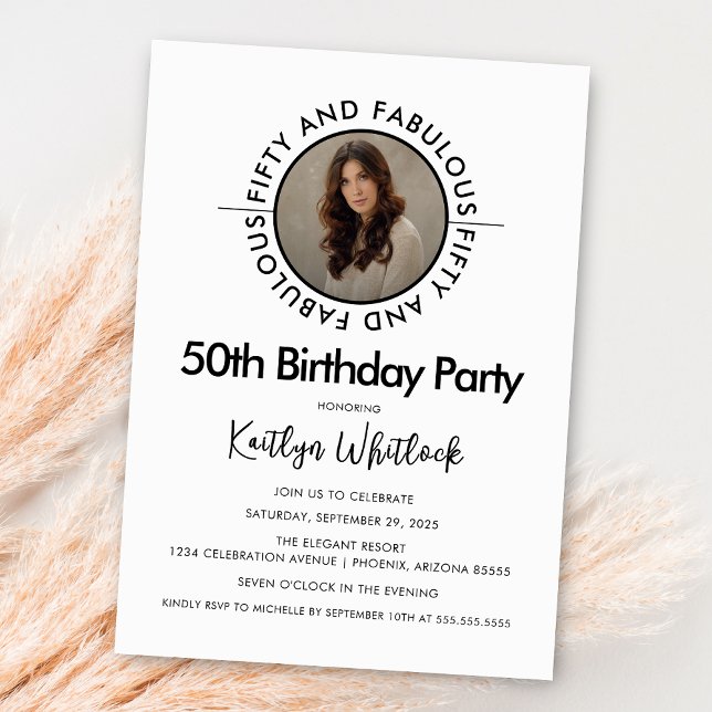 Invitation Moderne Noir Blanc Cinquante et Fabuleux (black and white fifty and fabulous 50th birthday party invitation bold typography elegant script)