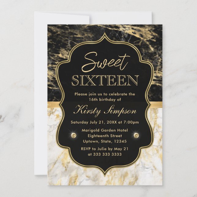Invitation Moderne Noir, Blanc et Marbre Doré Sweet 16 (Devant)