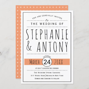 Invitation Moderne noir, blanc typographie corail pêche maria