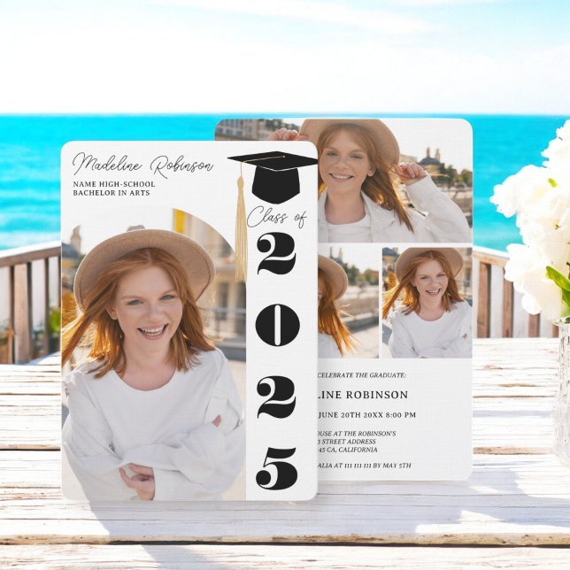 Invitation Moderne noir et blanc 4 photos Graduation (Modern black and White 4 photos Graduation Invitation)